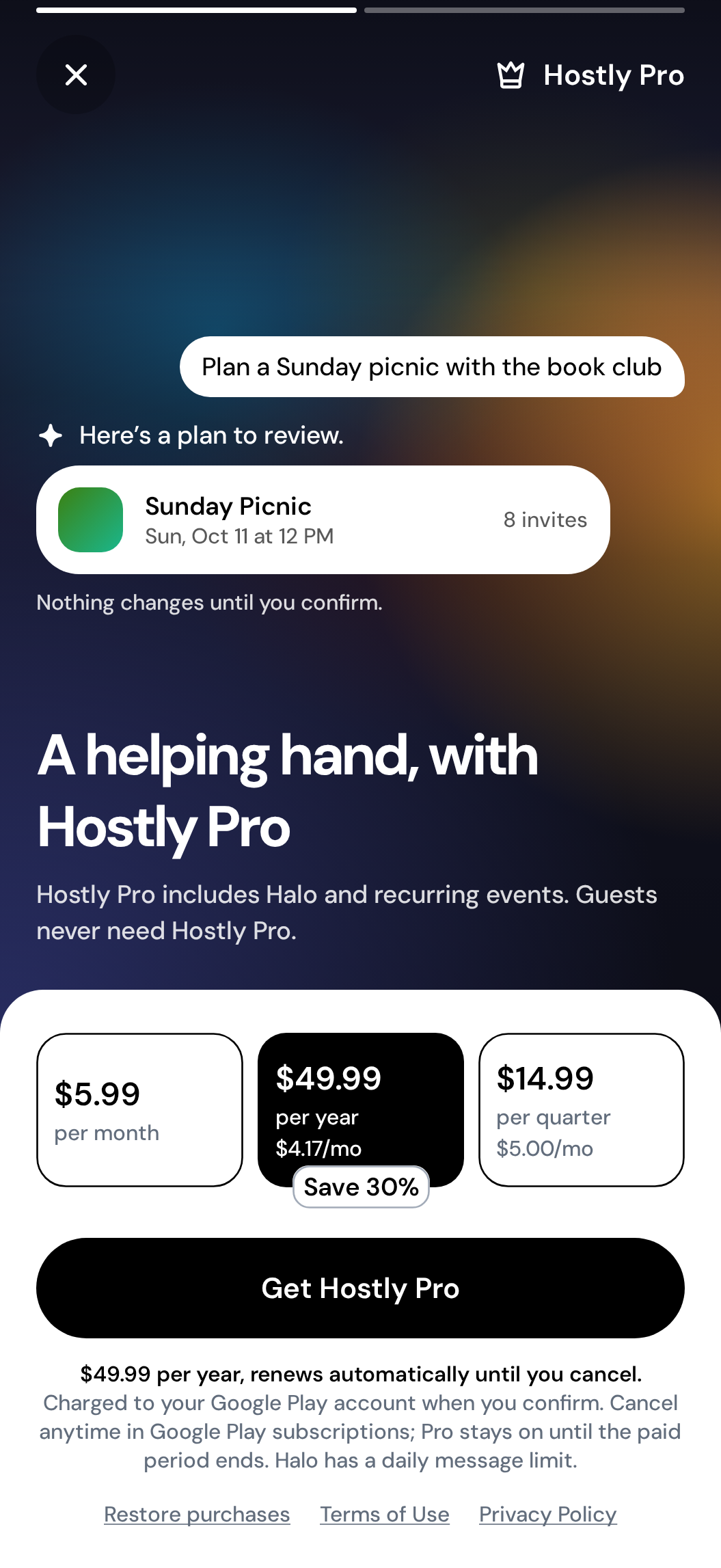 The Hostly Pro paywall with a Halo example above monthly, yearly and quarterly plans
